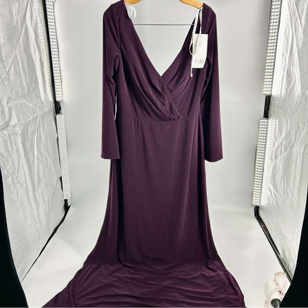 Christina Wu Jersey Purple Burgundy‎ Long Sleeve Maxi Formal Dress 22106 Sz 16